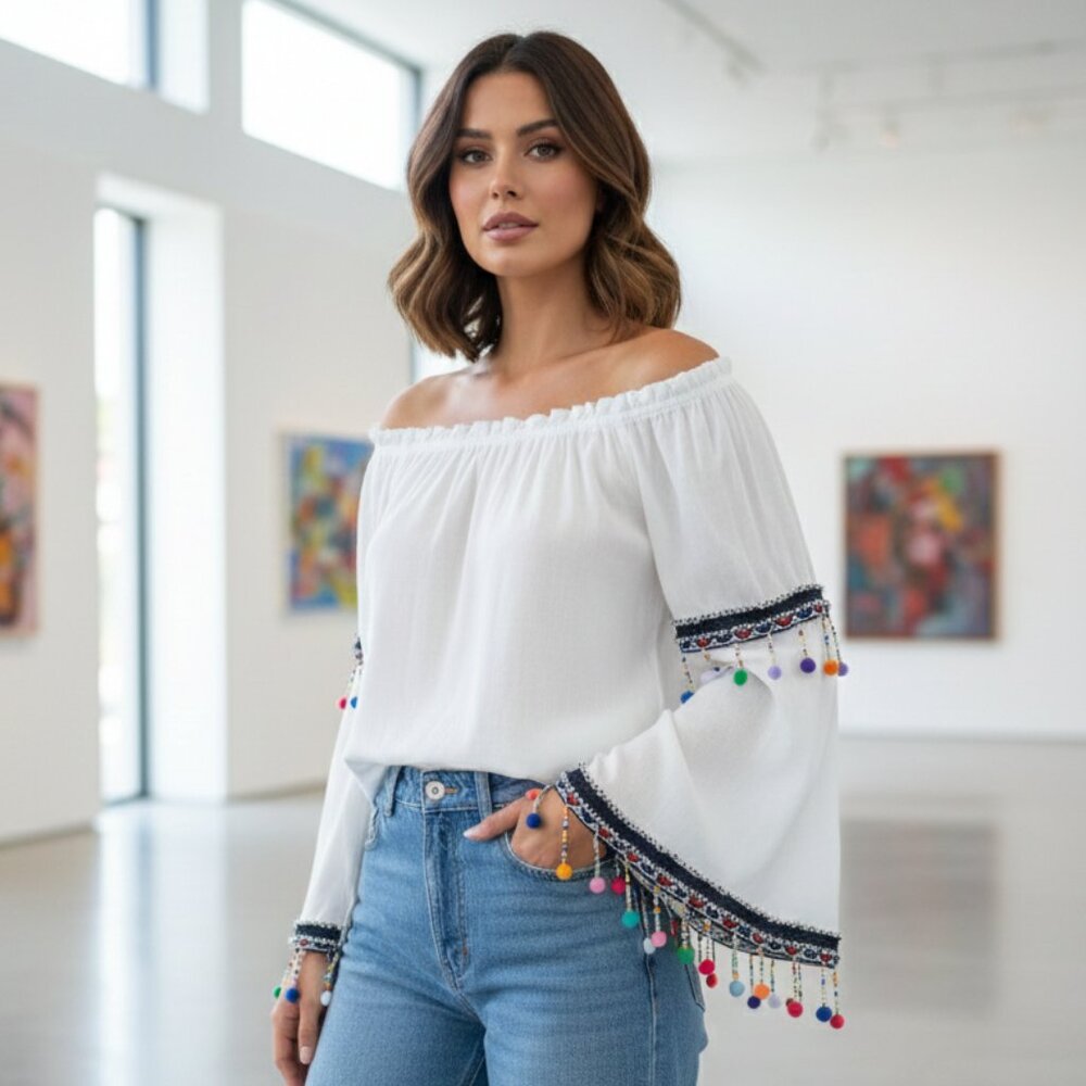 Anthropologie RAGA White Off Shoulder Top Small Embroidered Fringe Pom Pom
